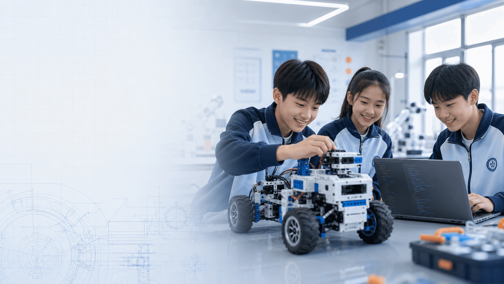 三位少年协作制作轮式机器人