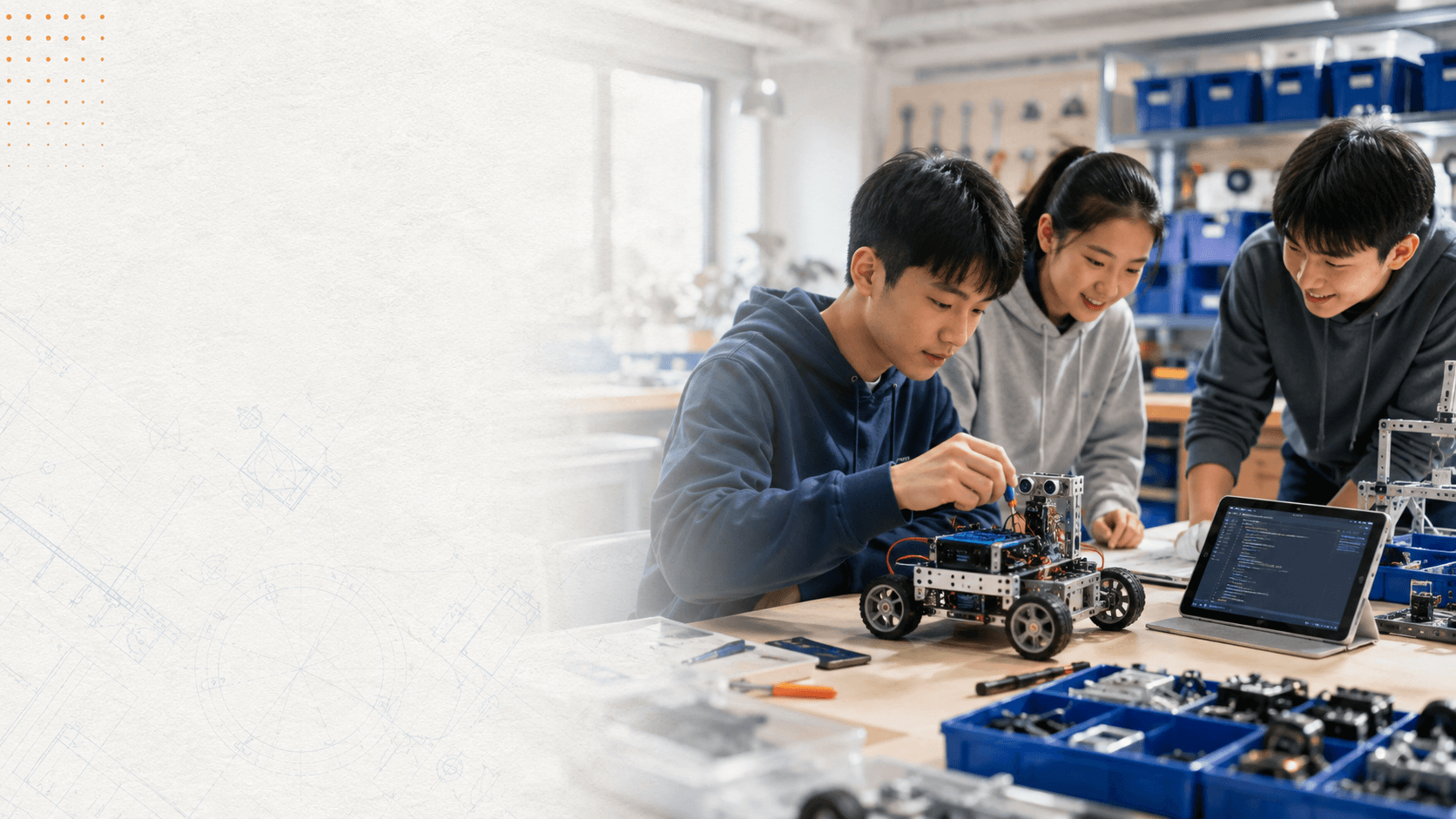 少年在工作台协作搭建机器人