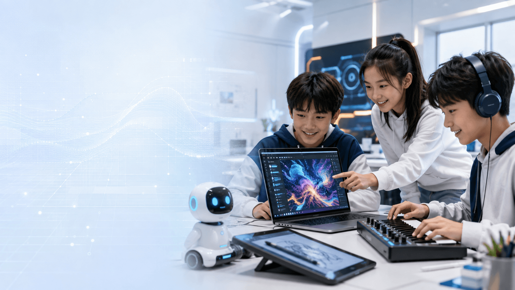 三位少年使用平板、音乐键盘和机器人进行AI创作
