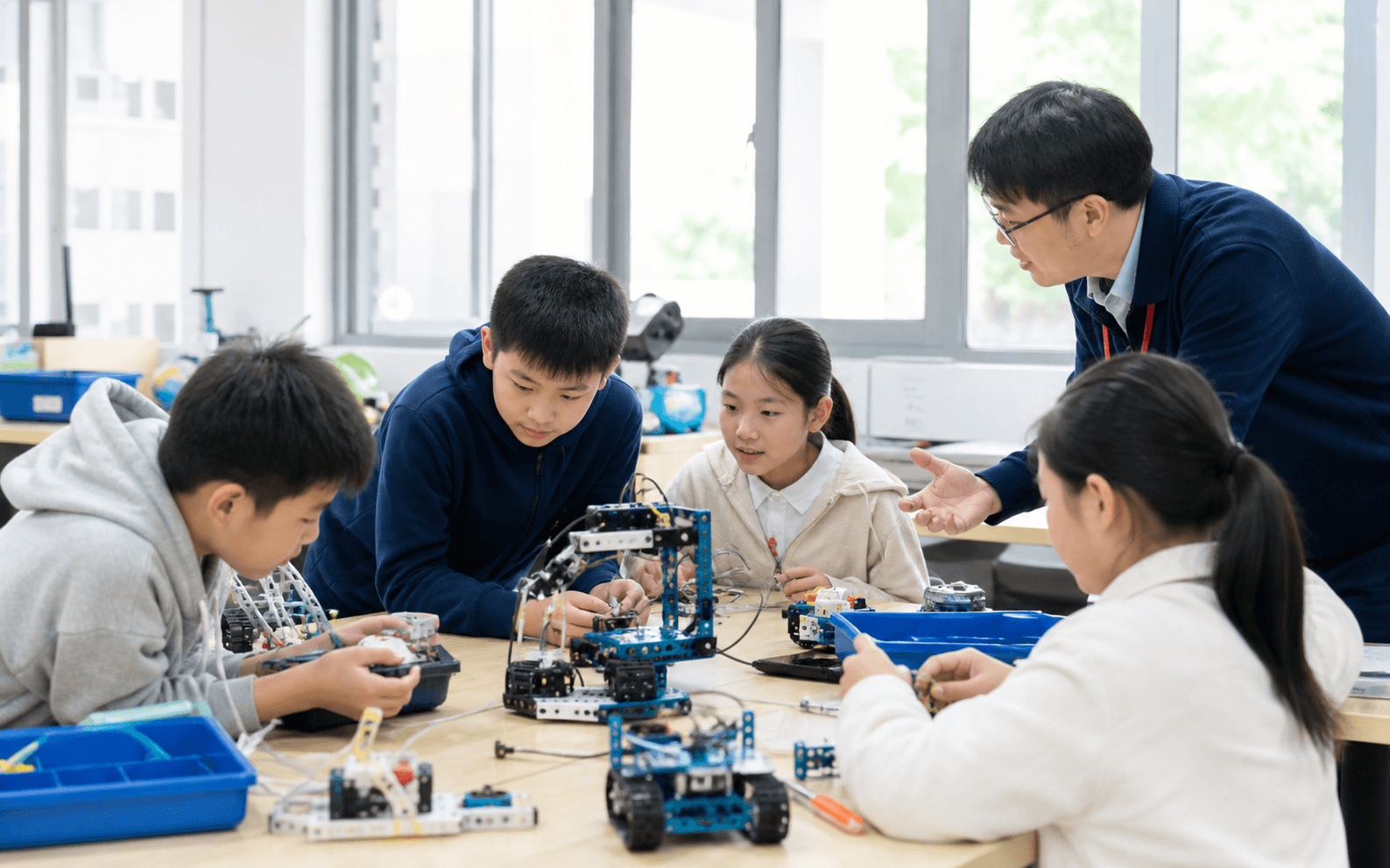 教师指导学生搭建机器人